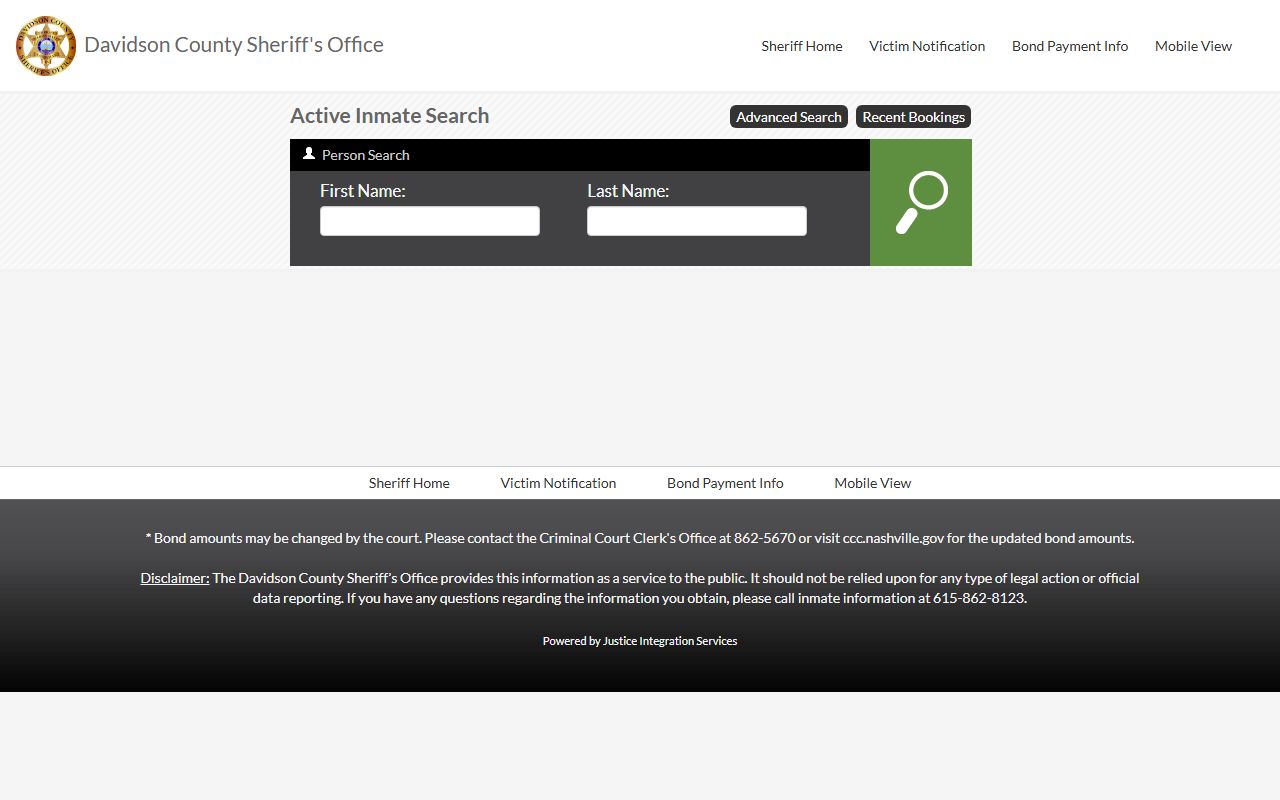 Davidson County active inmate search portal for Nashville booking reports