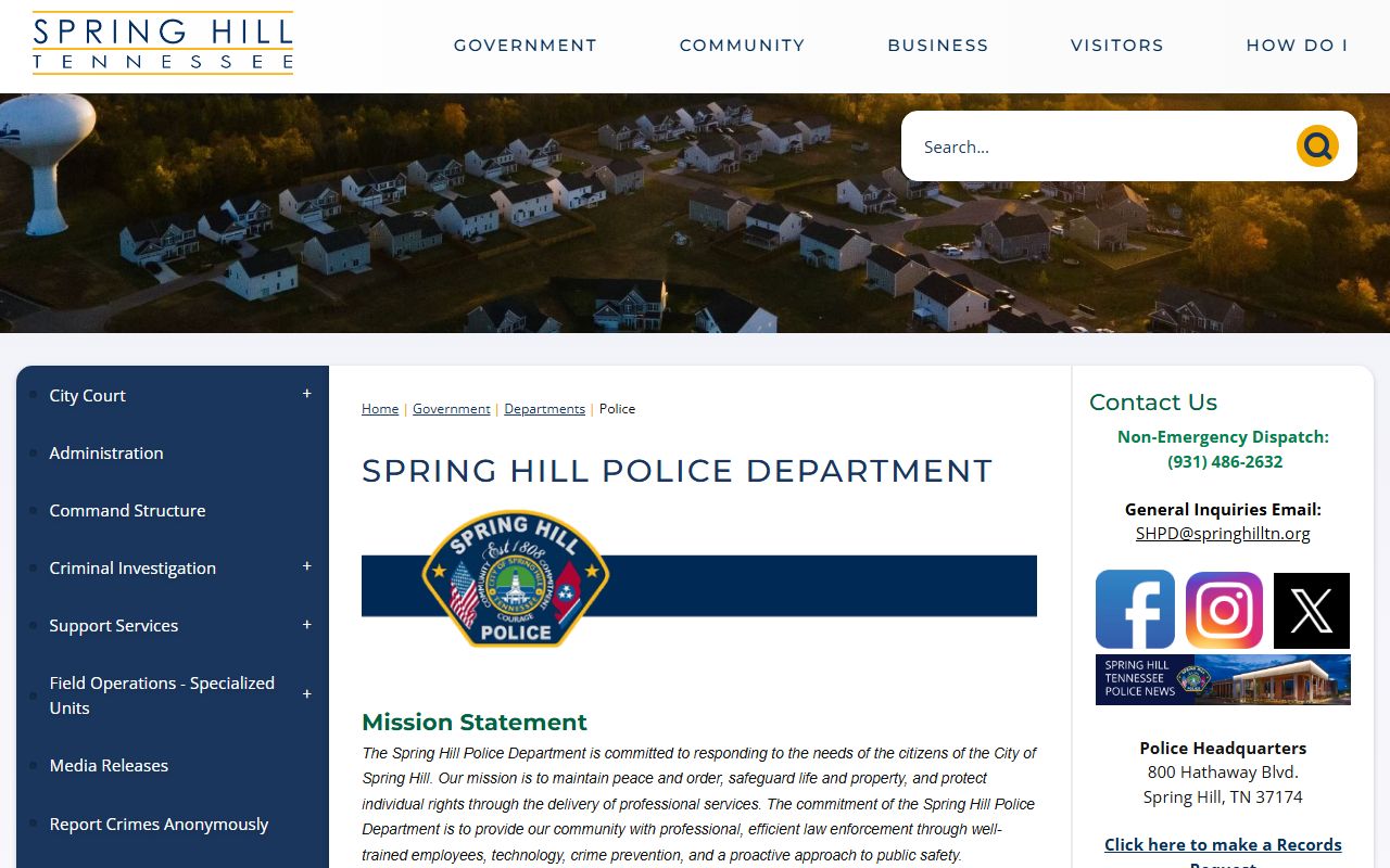 Spring Hill Police Department website for booking reports information