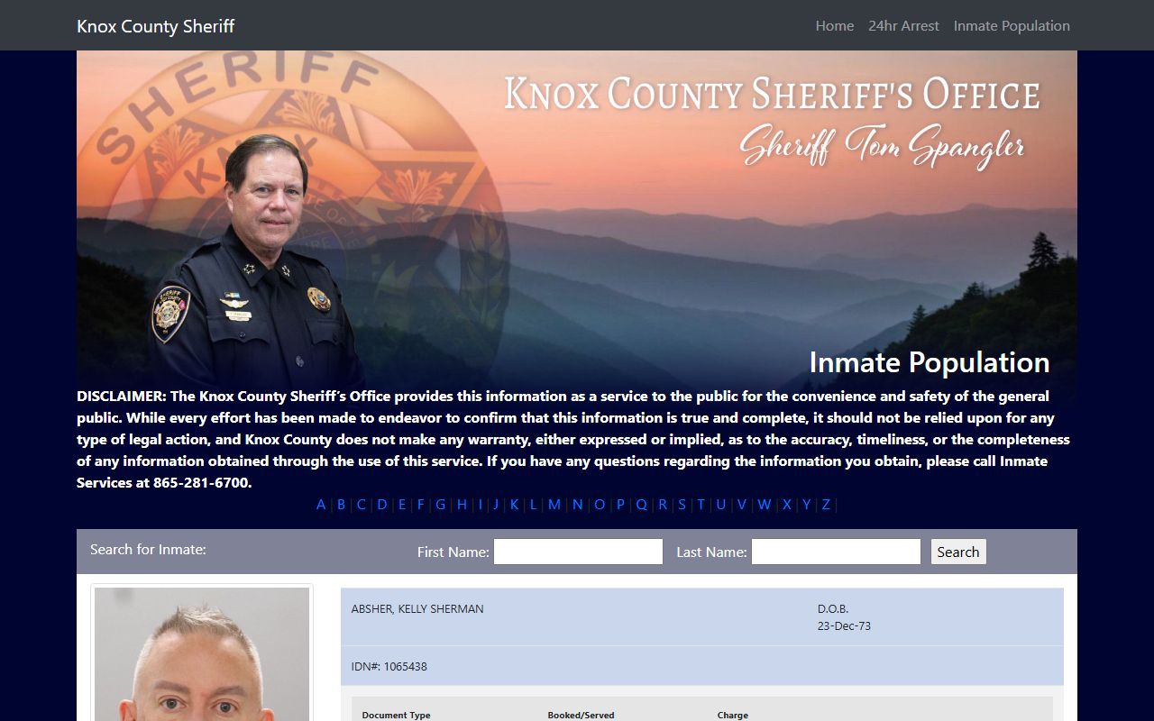 Knox County Sheriff inmate population search for booking reports