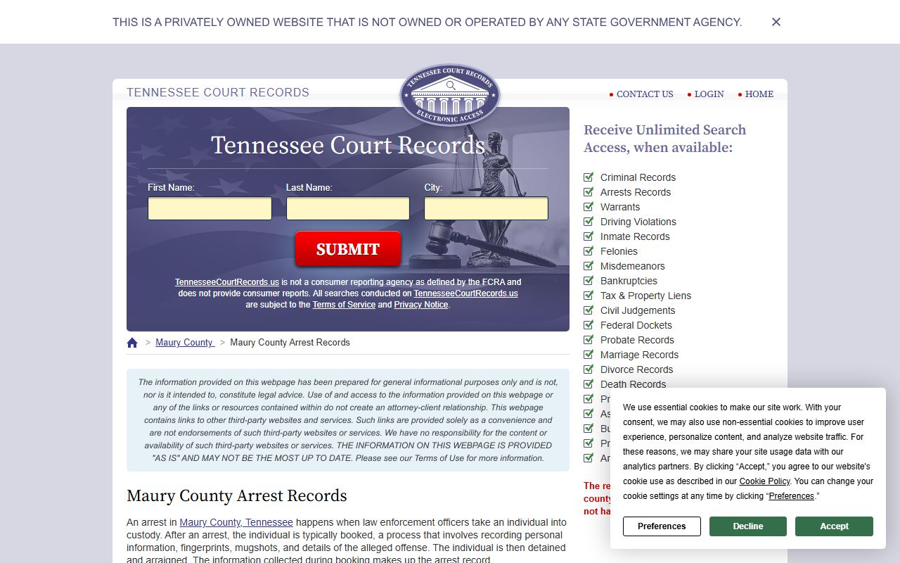 Maury County arrest records and booking reports lookup