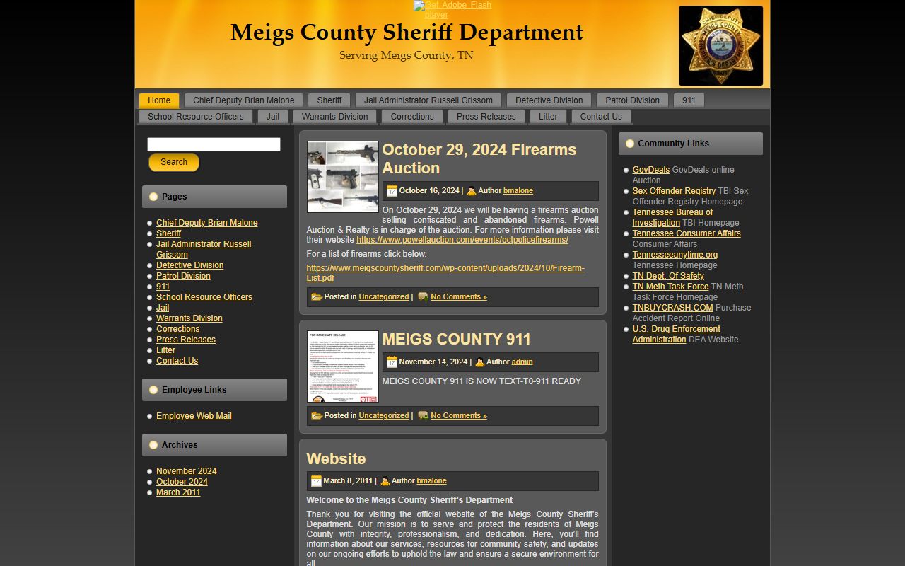Meigs County Sheriff's Office website for booking reports