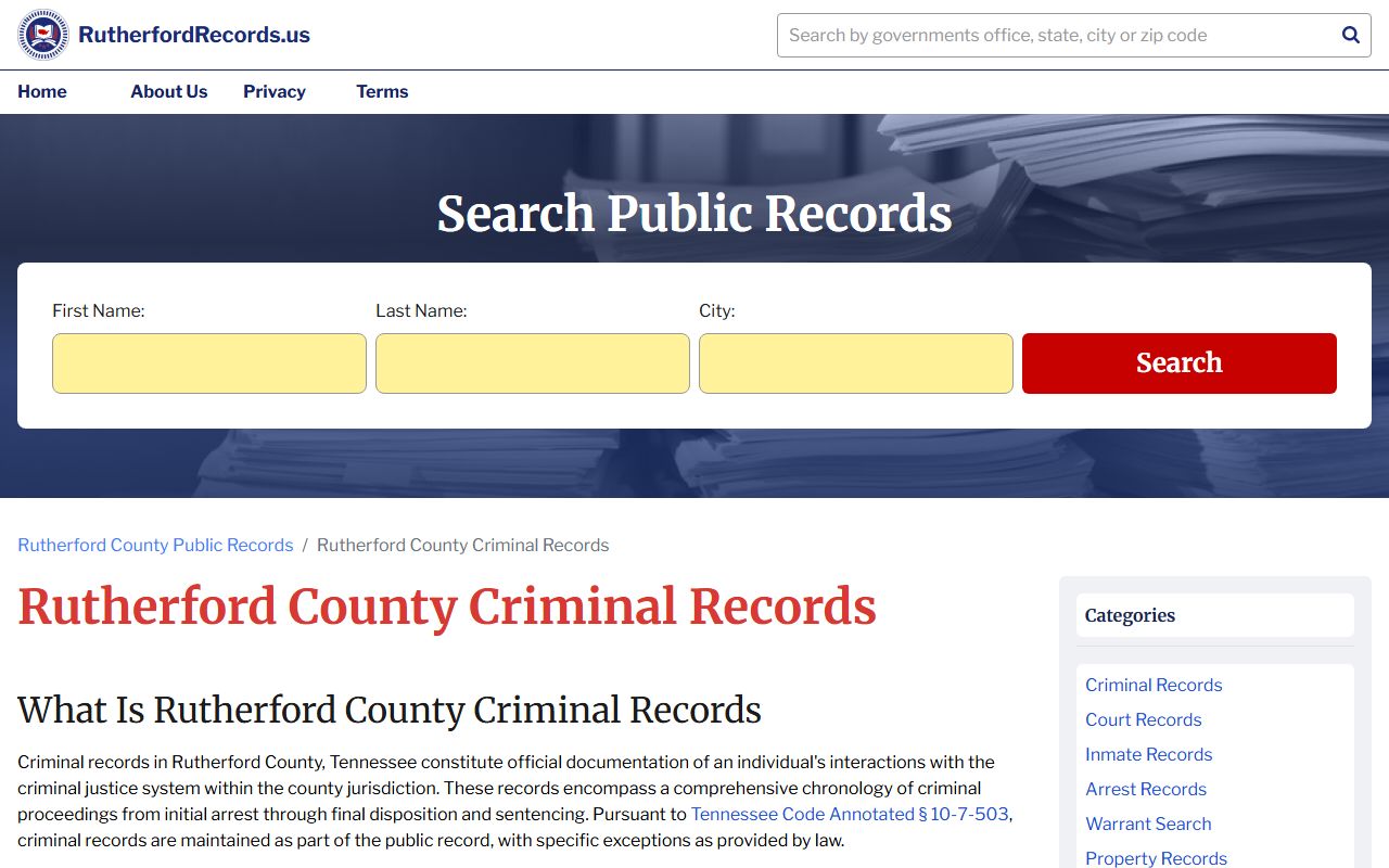 Rutherford County criminal records access page for booking reports
