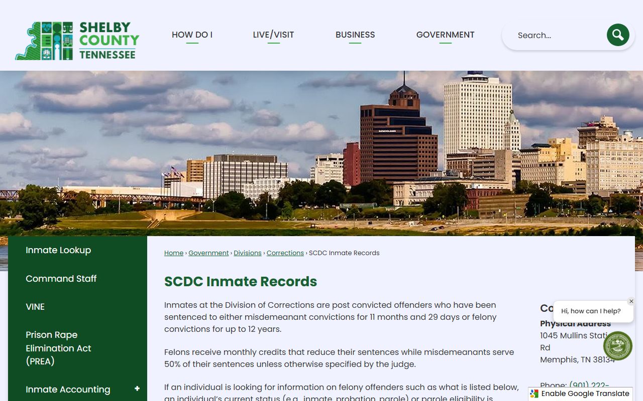 Shelby County Division of Corrections inmate records page