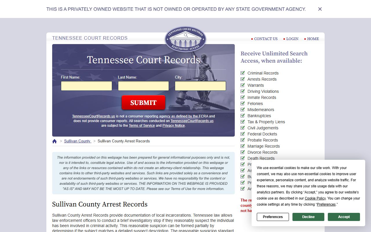 Sullivan County jail information and booking reports lookup