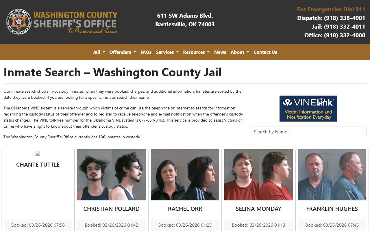 Washington County Sheriff's Office inmate search for booking reports