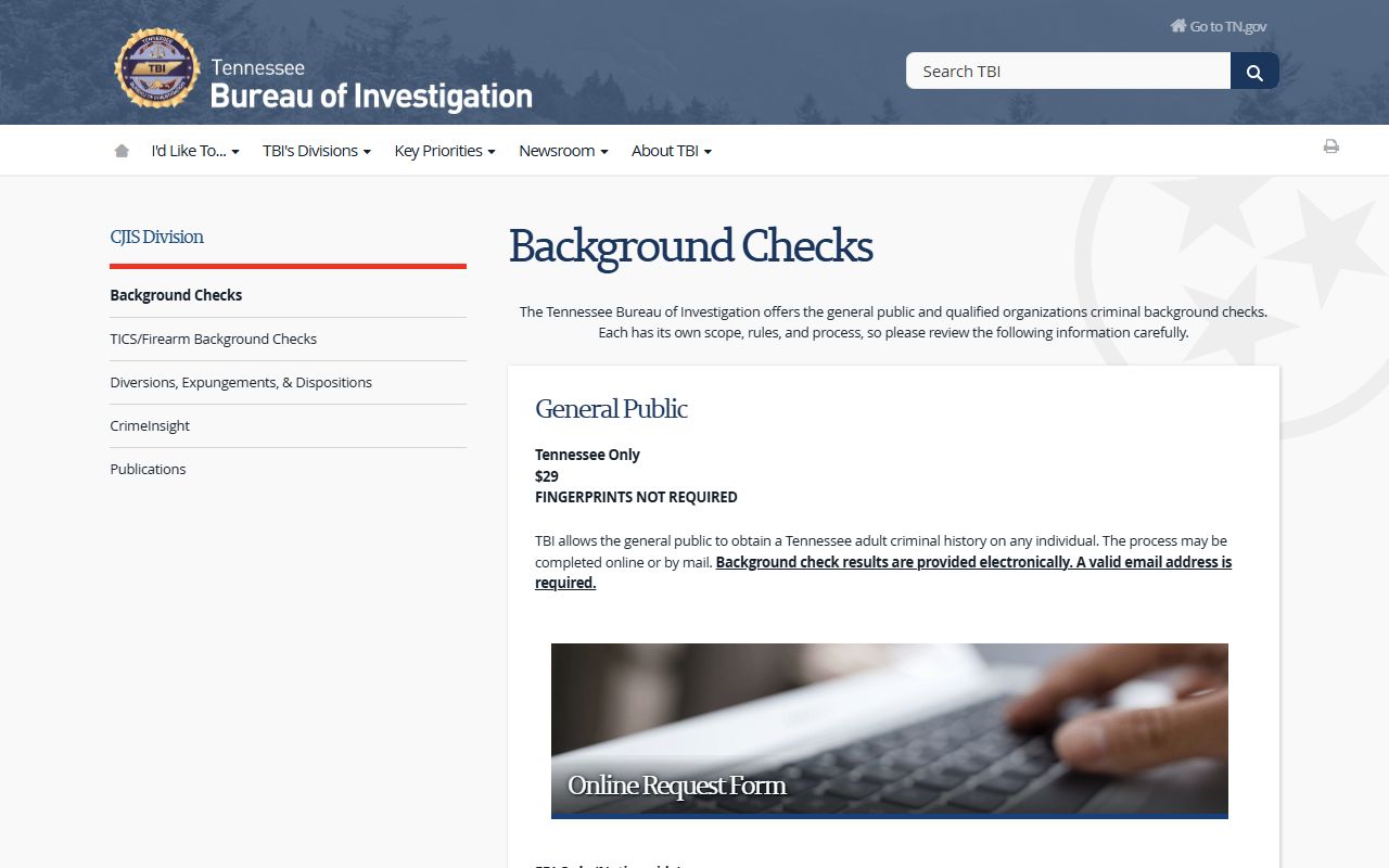 Tennessee Bureau of Investigation booking reports and background checks