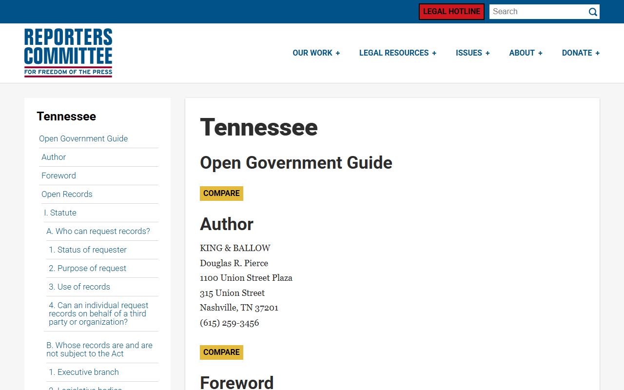 Tennessee open government guide for booking reports access