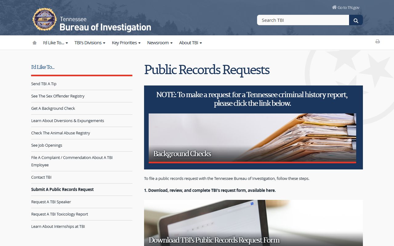 Tennessee TBI public records request form for booking reports